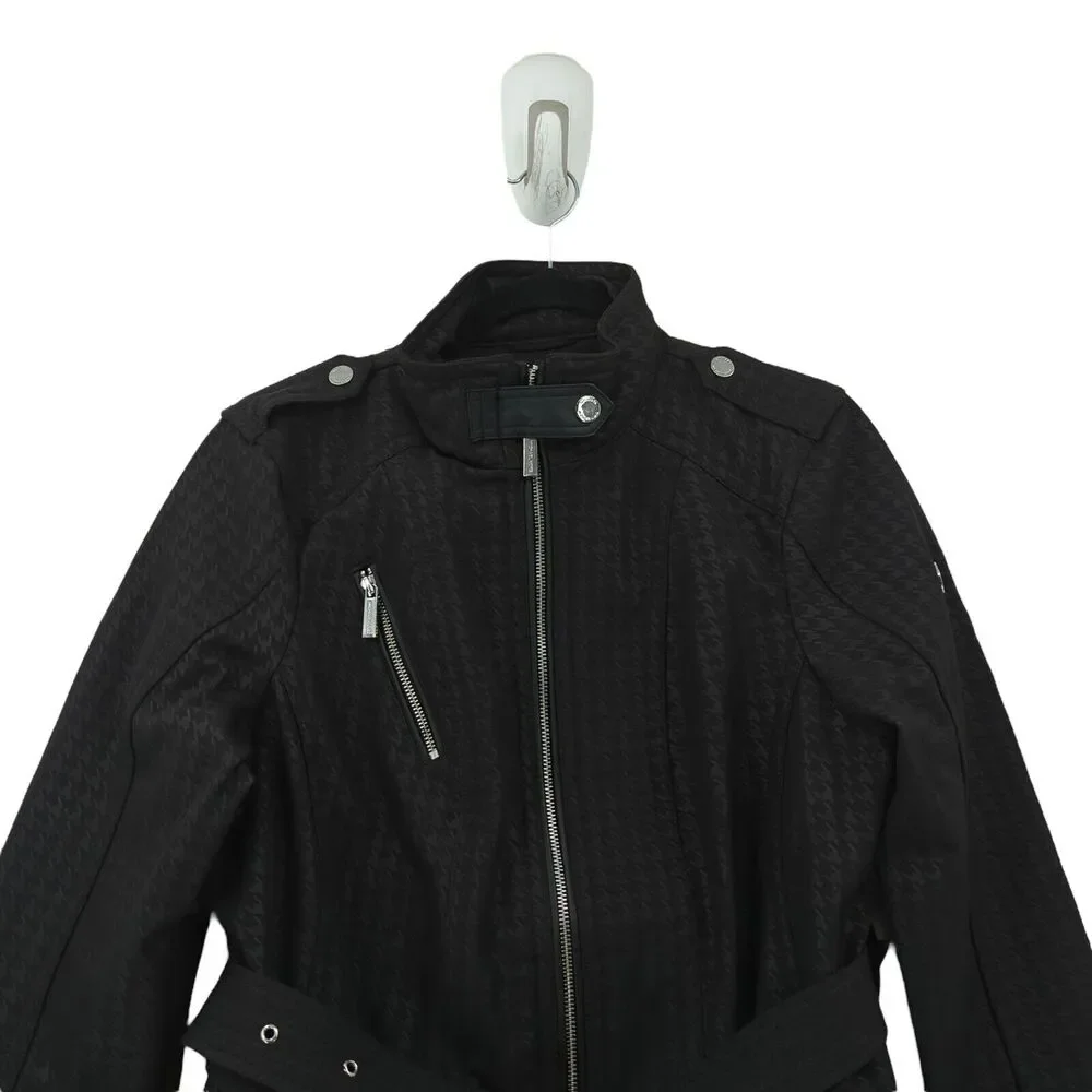 MICHAEL KORS Women L Missy Jacket Black Houndstooth Belted Faux Leather Trim NEW